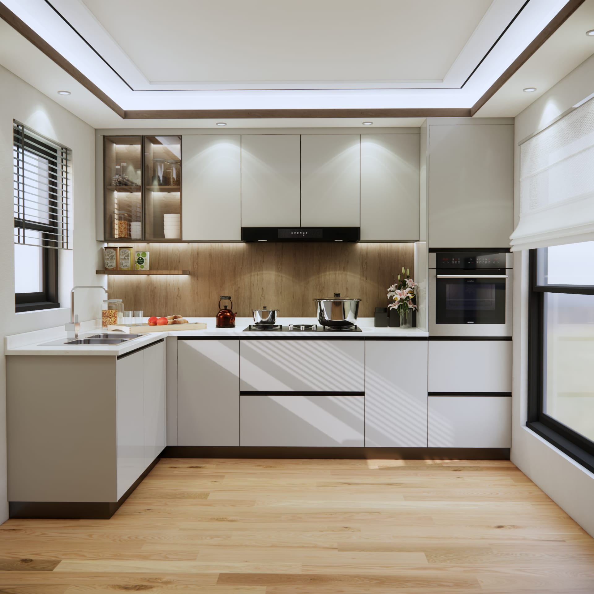 Modern kitchen island with handleless cabinets
