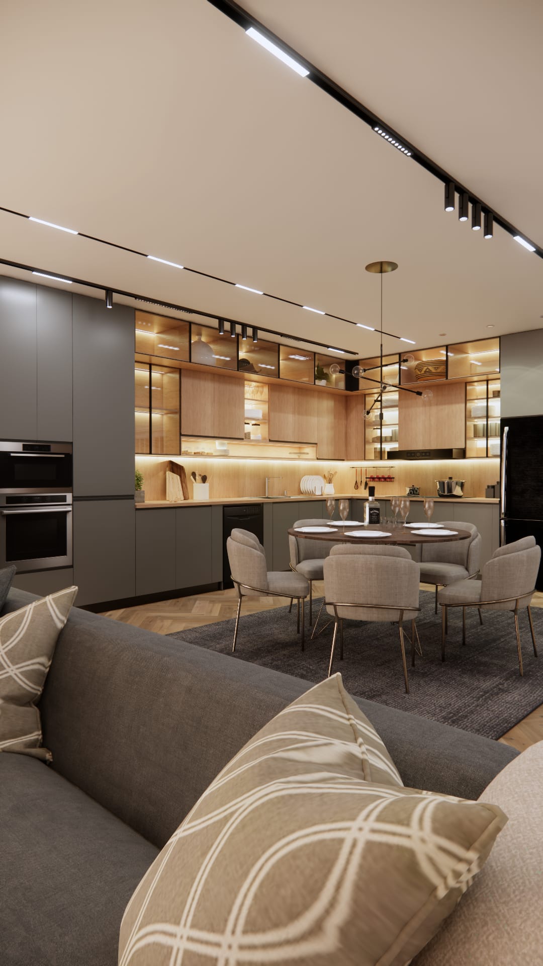 Kitchen cabinetry with material finishes