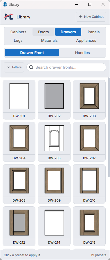 Asset Library — Drawer fronts tab