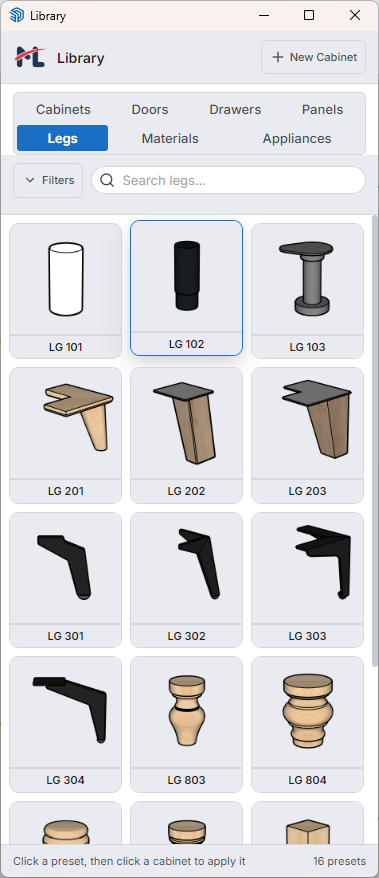 Asset Library — Legs tab