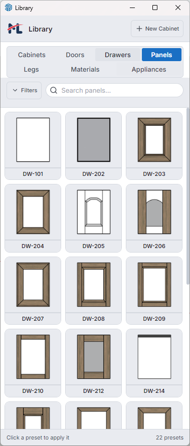 Asset Library — Panels tab
