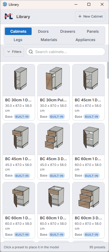 Asset Library — Cabinets tab